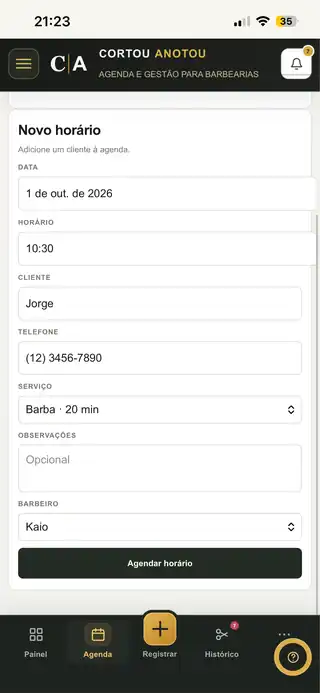 Tela real do Cortou Anotou — Agenda