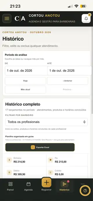 Tela real do Cortou Anotou — Histórico