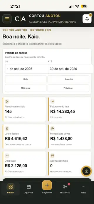 Tela real do Cortou Anotou — Painel