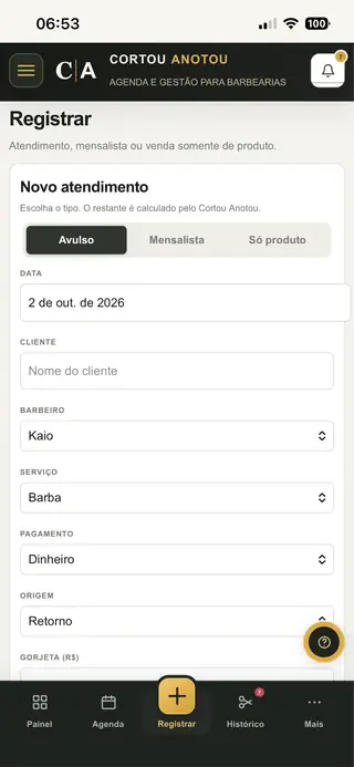 Tela real do Cortou Anotou — Registrar